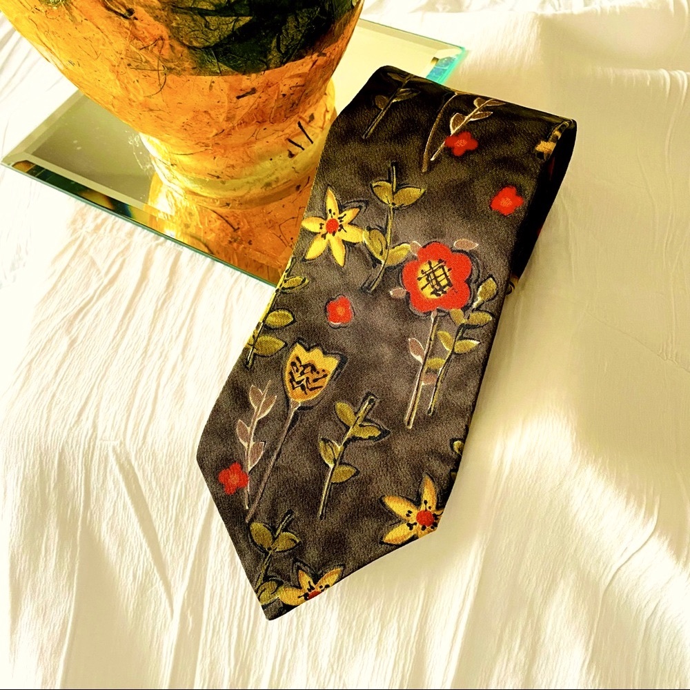 Vintage STRUCTURE 100% Silk Tie Dark Olive Floral